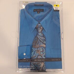 NWT Bill Robinson Mens Dress Shirt and Matching Hand Made Tie M Blue